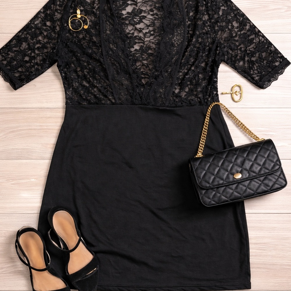Black Lace Deep V Mini Dress
